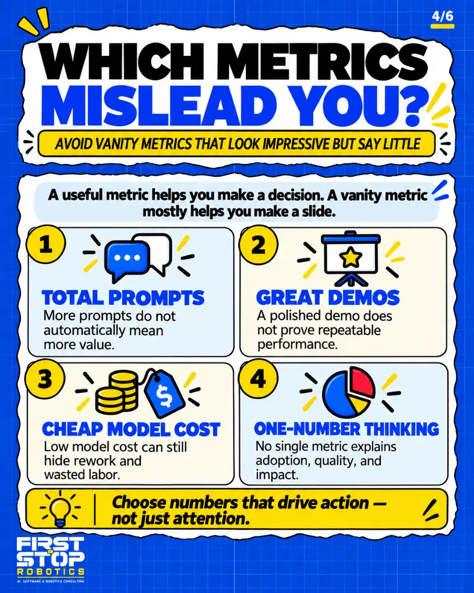 Which metrics mislead you?
Avoid vanity metrics that look impressive but say little
A useful metric helps you make a decision. A vanity metric mostly helps you make a slide.
Total prompts: More prompts do not automatically mean more value.
Great demos: A polished demo does not prove repeatable performance.
Cheap model cost: Low model cost can still hide rework and wasted labor.
One-number thinking: No single metric explains adoption, quality, and impact.
Choose numbers that drive action, not just attention.