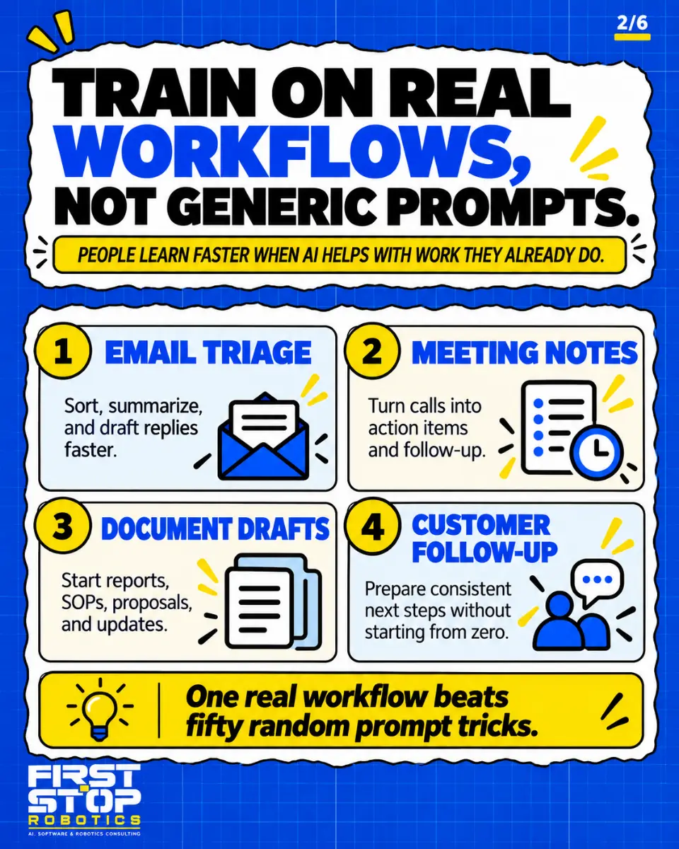 Train on real workflows, not generic prompts.
People learn faster when AI helps with work they already do.
Email triage: Sort, summarize, and draft replies faster.
Meeting notes: Turn calls into action items and follow-up.
Document drafts: Start reports, SOPs, proposals, and updates.
Customer follow-up: Prepare consistent next steps without starting from zero.
One real workflow beats fifty random prompt tricks.