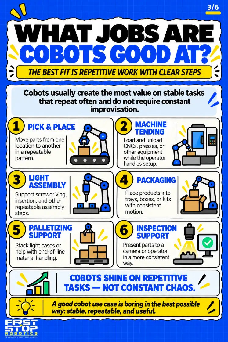 What jobs are cobots good at?
The best fit is repetitive work with clear steps
Cobots usually create the most value on stable tasks that repeat often and do not require constant improvisation.
Pick & place: Move parts from one location to another in a repeatable pattern.
Machine tending: Load and unload CNCs, presses, or other equipment while the operator handles setup.
Light assembly: Support screwdriving, insertion, and other repeatable assembly steps.
Packaging: Place products into trays, boxes, or kits with consistent motion.
Palletizing support: Stack light cases or help with end-of-line material handling.
Inspection support: Present parts to a camera or operator in a more consistent way.
Cobots shine on repetitive tasks, not constant chaos.
A good cobot use case is boring in the best possible way: stable, repeatable, and useful.