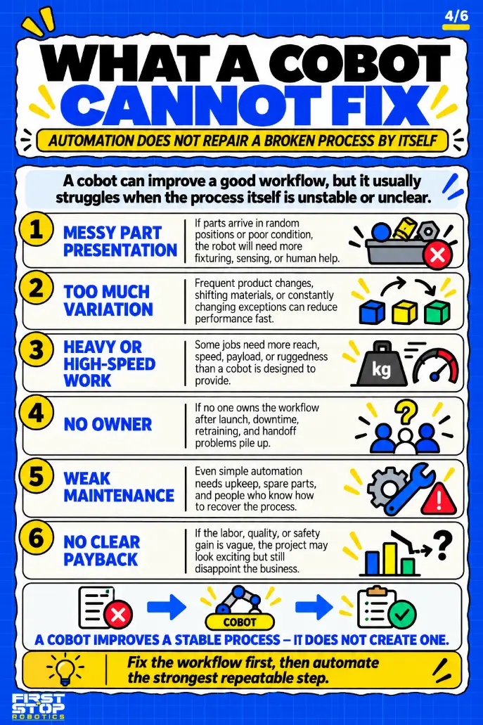 What a cobot cannot fix
Automation does not repair a broken process by itself
A cobot can improve a good workflow, but it usually struggles when the process itself is unstable or unclear.
Messy part presentation: If parts arrive in random positions or poor condition, the robot will need more fixturing, sensing, or human help.
Too much variation: Frequent product changes, shifting materials, or constantly changing exceptions can reduce performance fast.
Heavy or high-speed work: Some jobs need more reach, speed, payload, or ruggedness than a cobot is designed to provide.
No owner: If no one owns the workflow after launch, downtime, retraining, and handoff problems pile up.
Weak maintenance: Even simple automation needs upkeep, spare parts, and people who know how to recover the process.
No clear payback: If the labor, quality, or safety gain is vague, the project may look exciting but still disappoint the business.
A cobot improves a stable process. It does not create one.
Fix the workflow first, then automate the strongest repeatable step.