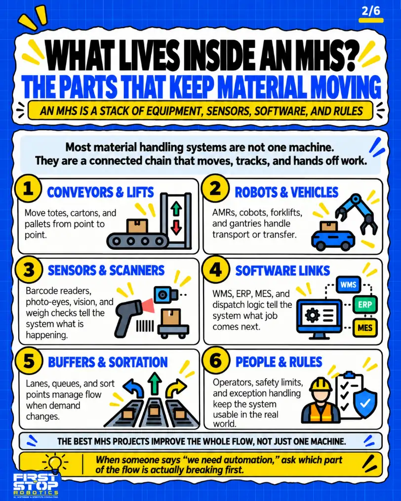 What lives inside an MHS?
The parts that keep material moving
An MHS is a stack of equipment, sensors, software, and rules
Most material handling systems are not one machine. They are a connected chain that moves, tracks, and hands off work.
Conveyors & lifts: Move totes, cartons, and pallets from point to point.
Robots & vehicles: AMRs, cobots, forklifts, and gantries handle transport or transfer.
Sensors & scanners: Barcode readers, photo-eyes, vision, and weigh checks tell the system what is happening.
Software links: WMS, ERP, MES, and dispatch logic tell the system what job comes next.
Buffers & sortation: Lanes, queues, and sort points manage flow when demand changes.
People & rules: Operators, safety limits, and exception handling keep the system usable in the real world.
The best MHS projects improve the whole flow, not just one machine.
When someone says "we need automation," ask which part of the flow is actually breaking first.
