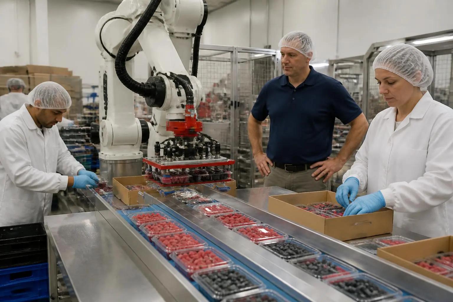 A produce packhouse, a robot arm packing punnets of berries into cardboard cases while product moves along the belt, packers in hairnets and white coats and a consultant looking on