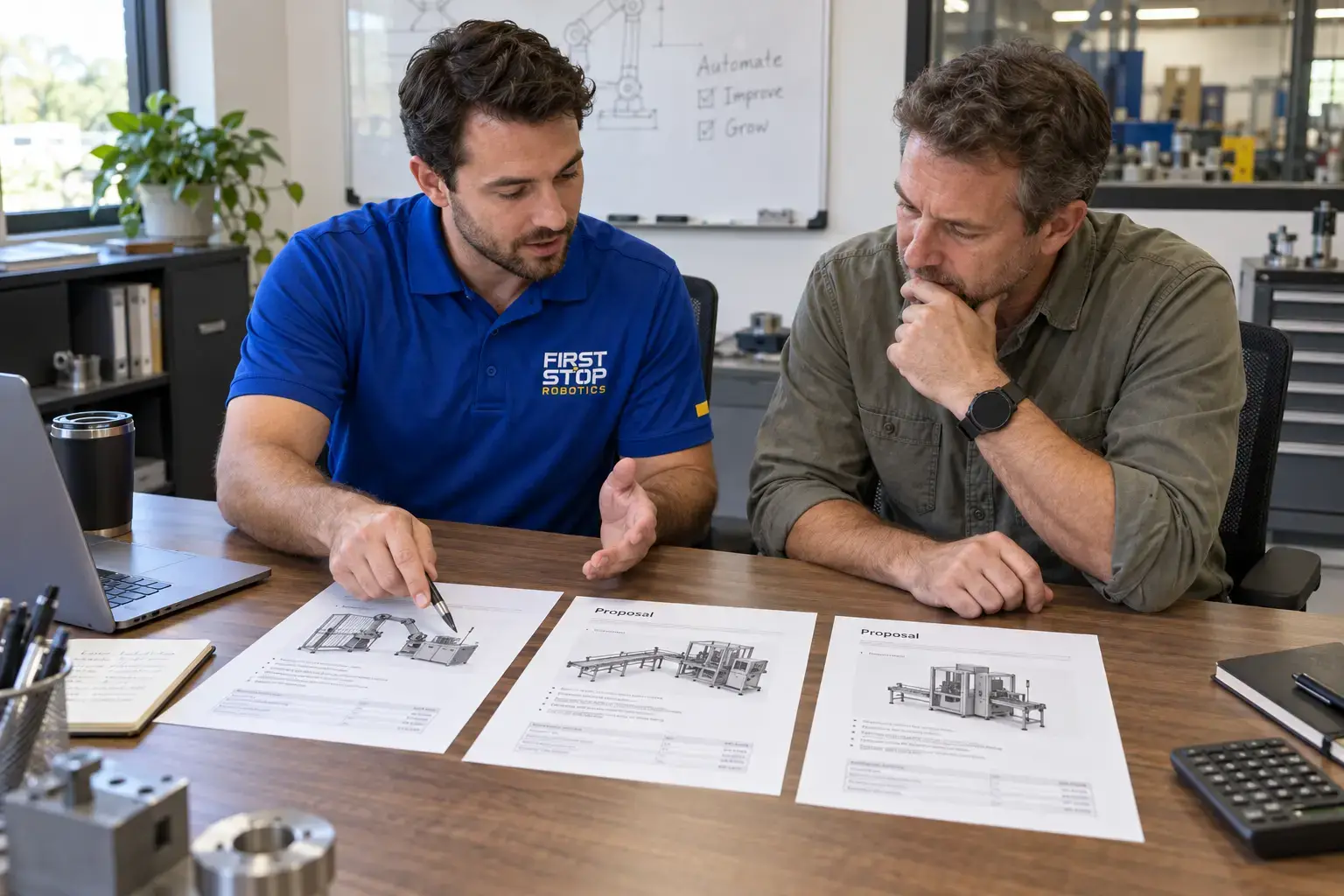 A First Stop consultant and a plant owner at a desk comparing three printed proposals beside a laptop