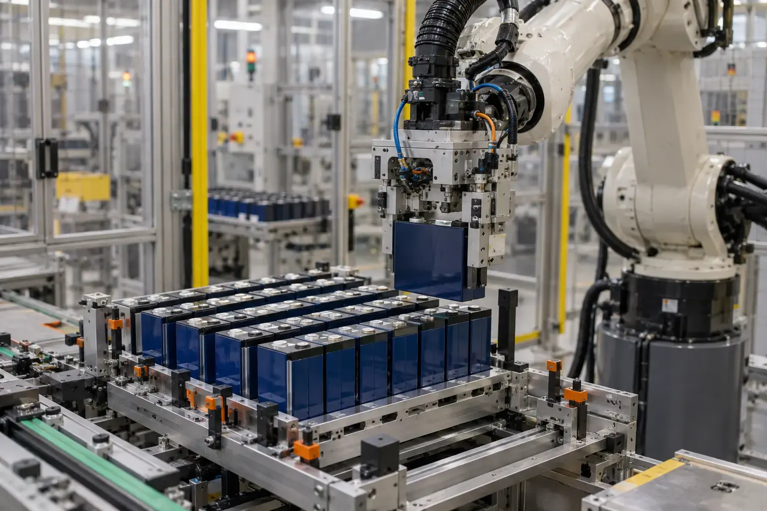 A battery module assembly cell in a supplier plant, cells being placed, a quality technician with a tablet