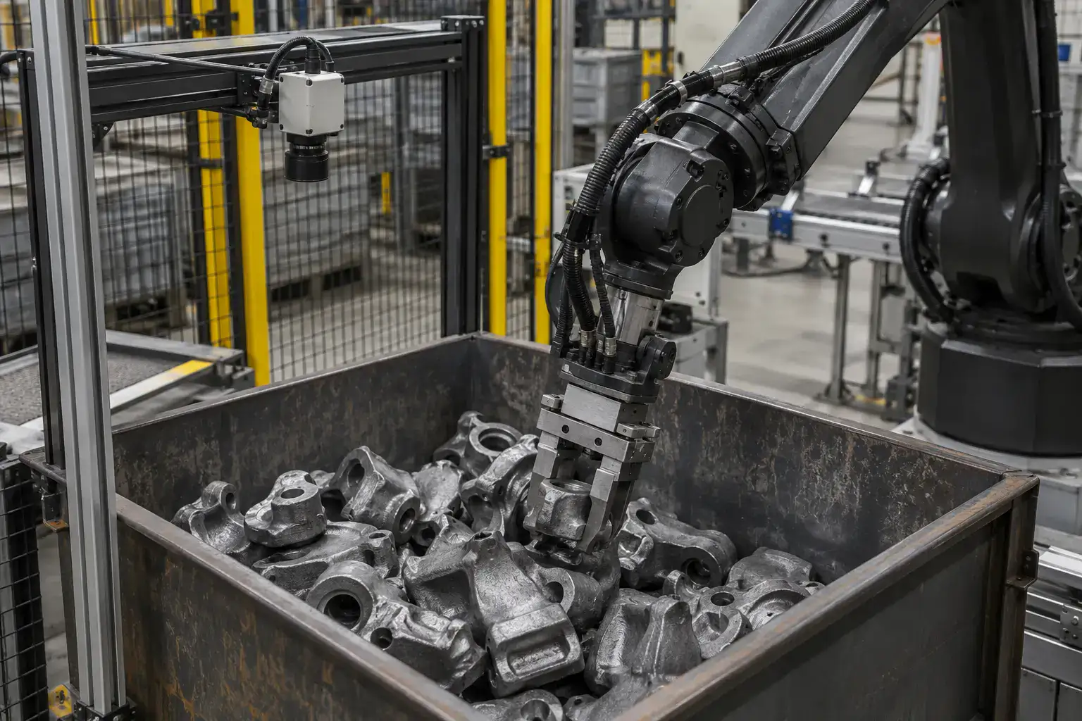 A 3D camera on a frame above a bin of castings, an arm reaching in; a consultant and an engineer looking at the point cloud on a laptop beside it