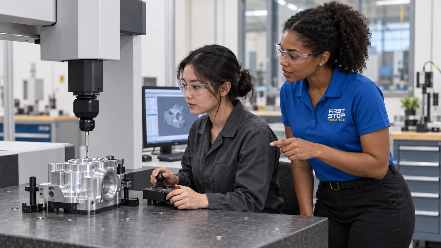 A metrologist at the controls of a coordinate measuring machine with a machined housing clamped on the granite, a First Stop consultant pointing at the measurement routine on screen