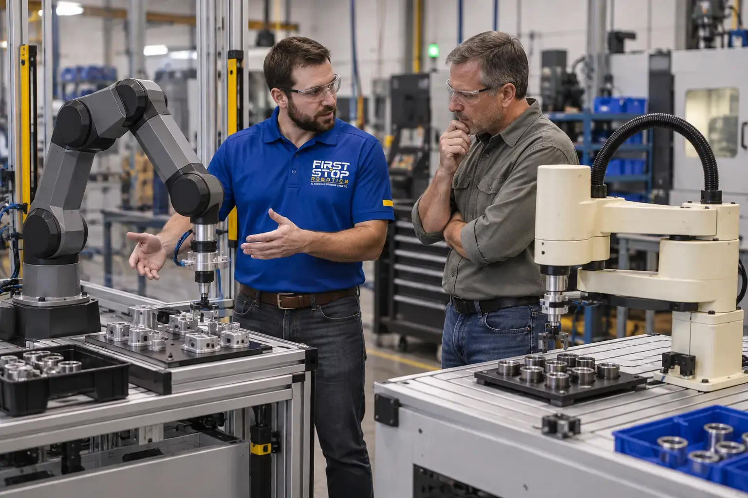 A First Stop consultant and a plant manager standing between a cobot cell and a SCARA bench cell, comparing them