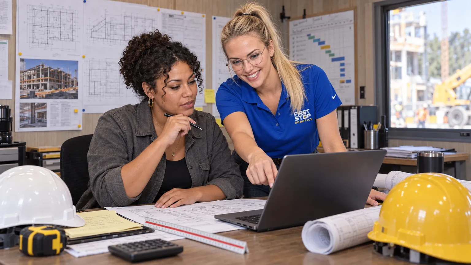 A site trailer with drawings and a schedule pinned to the wall, an estimator beside a First Stop consultant pointing at a laptop, hard hats and rolled prints on the table