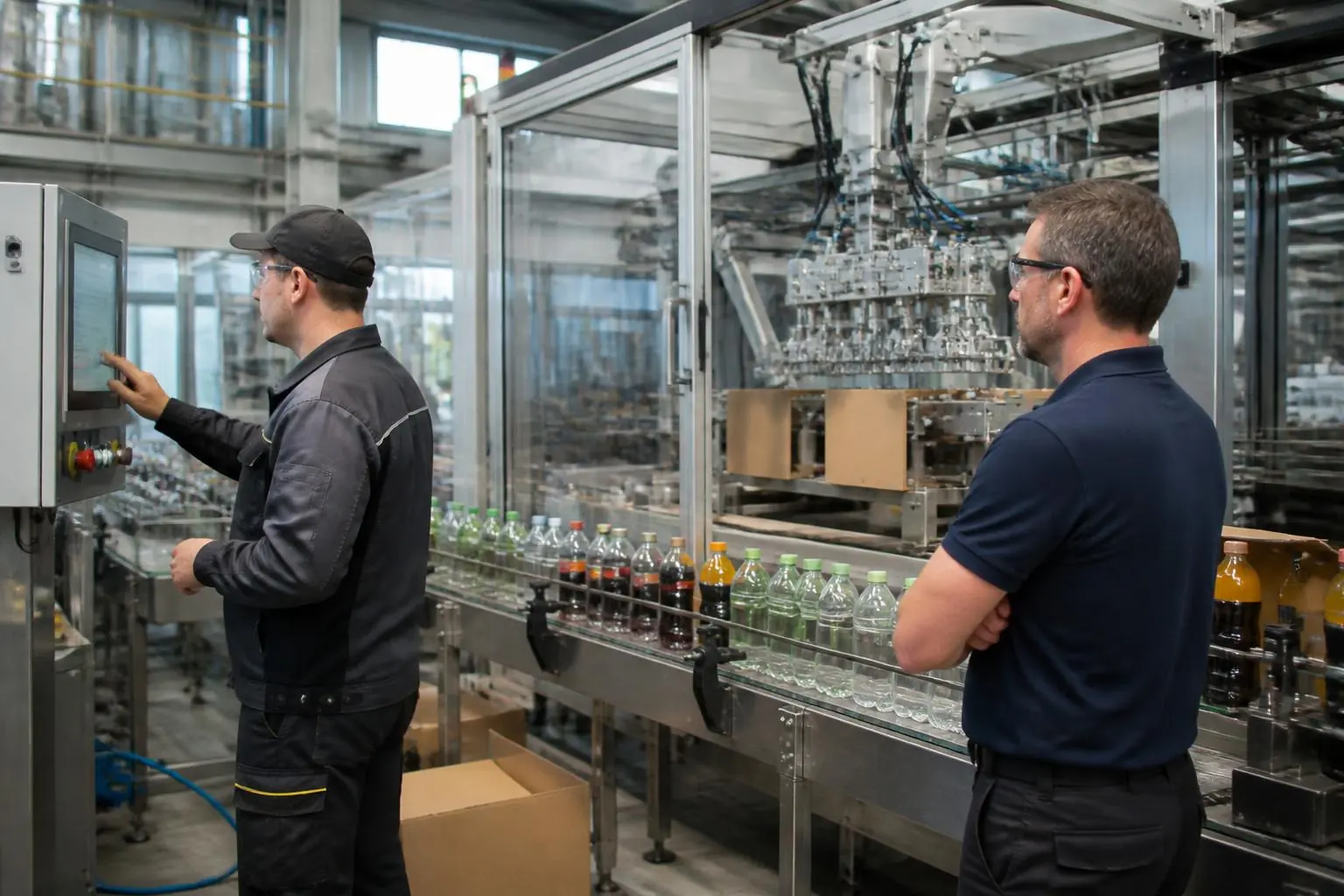 A case packer at the end of a bottling line with mixed products on the conveyor, a line lead at the panel doing a changeover and a consultant watching