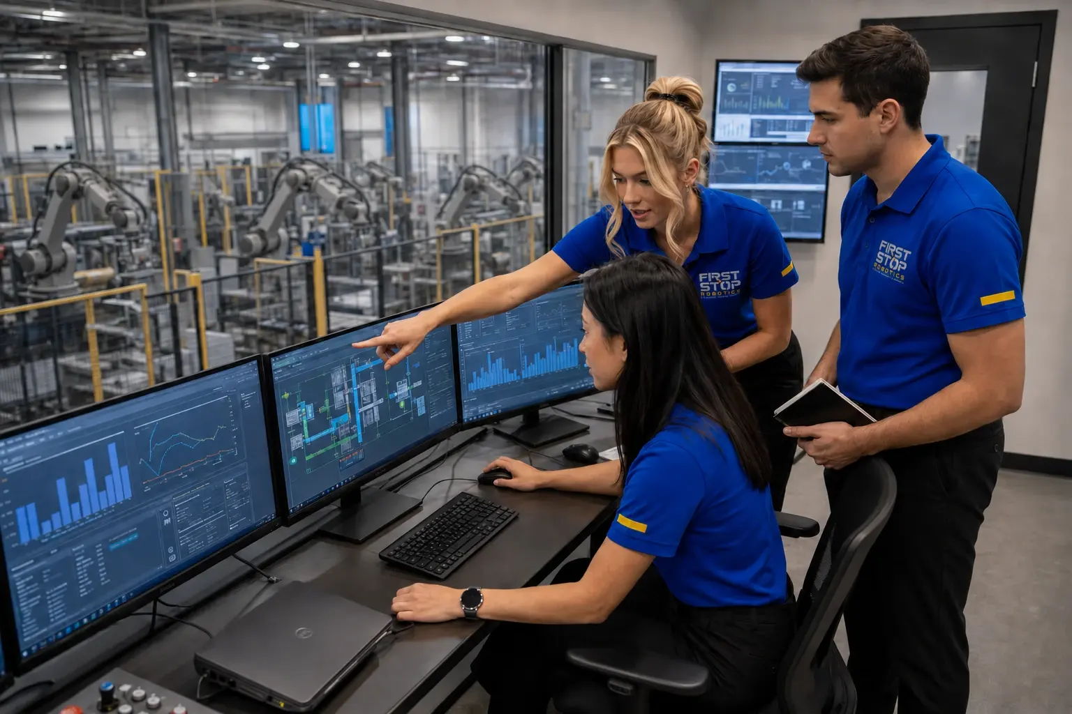 Three First Stop consultants at a bank of monitors overlooking a robot line