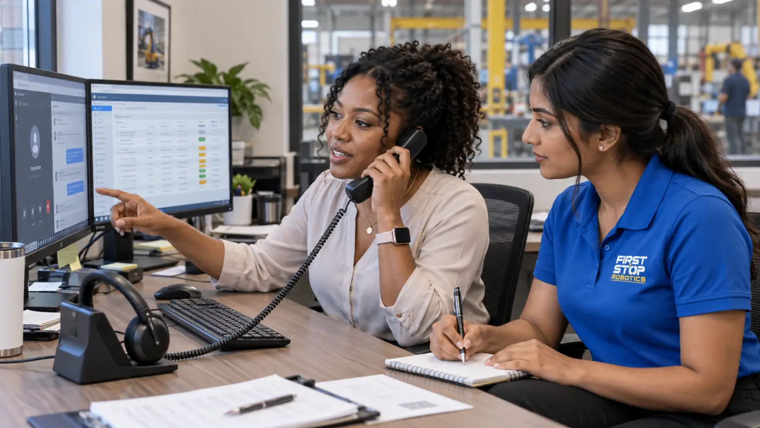 A customer service lead on the phone pointing at an order dashboard on two monitors, a First Stop consultant taking notes beside her, the plant through the window