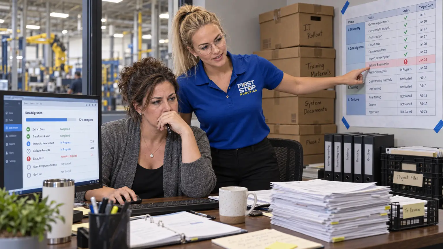 A First Stop consultant pointing at a taped-up rollout plan with one task flagged while the office lead studies a data-migration screen, moving boxes and binders around them