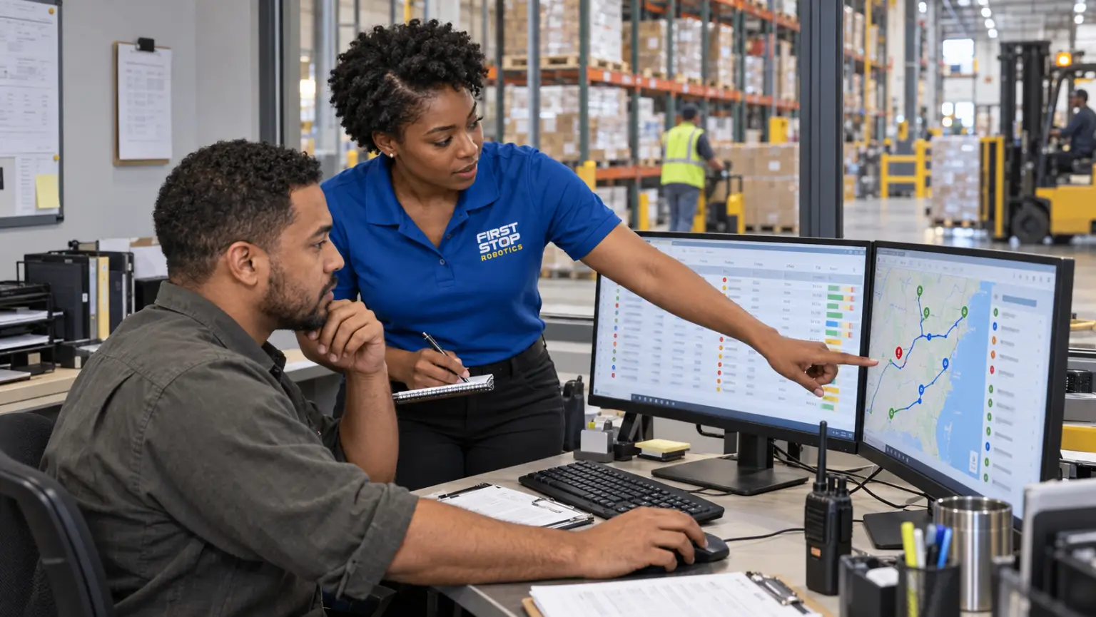 A First Stop consultant pointing at an order list and a route map on two monitors at a warehouse dispatch desk, the dispatcher working the mouse, racking and a forklift behind