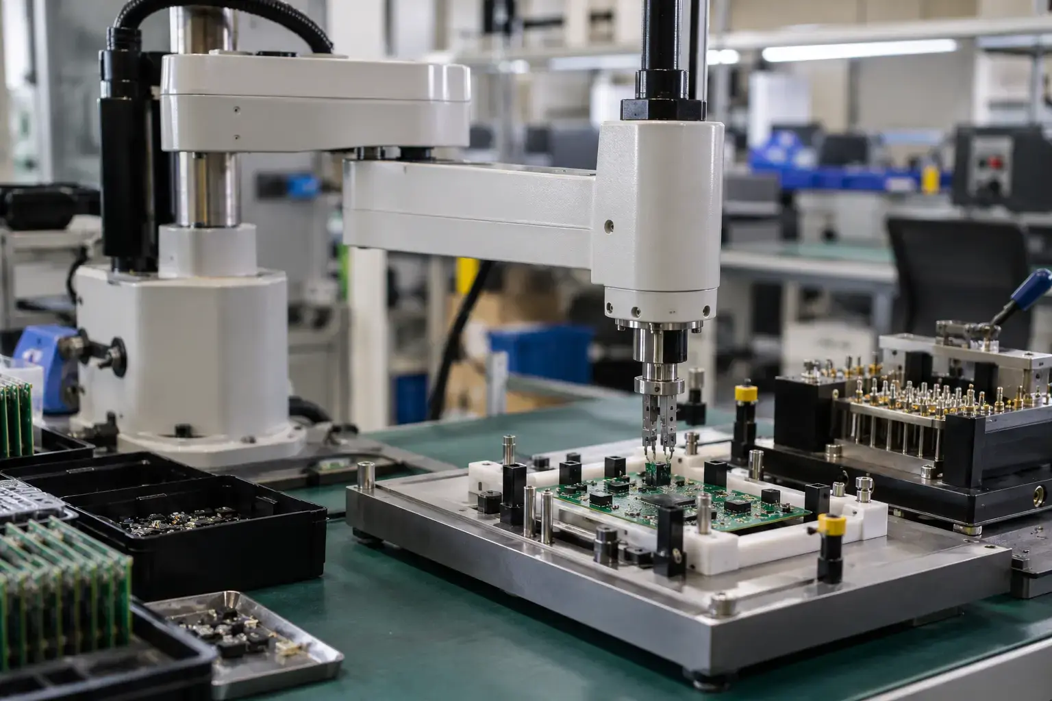 A SCARA placing an odd-form component on a board, a functional test fixture beside it