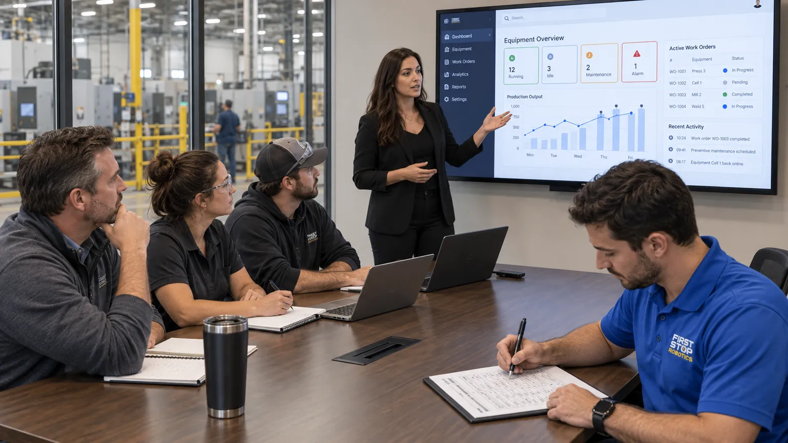 A vendor presenting a software demo on a wall screen to a plant team in a conference room over the floor, a First Stop consultant at the end of the table marking a scoring sheet