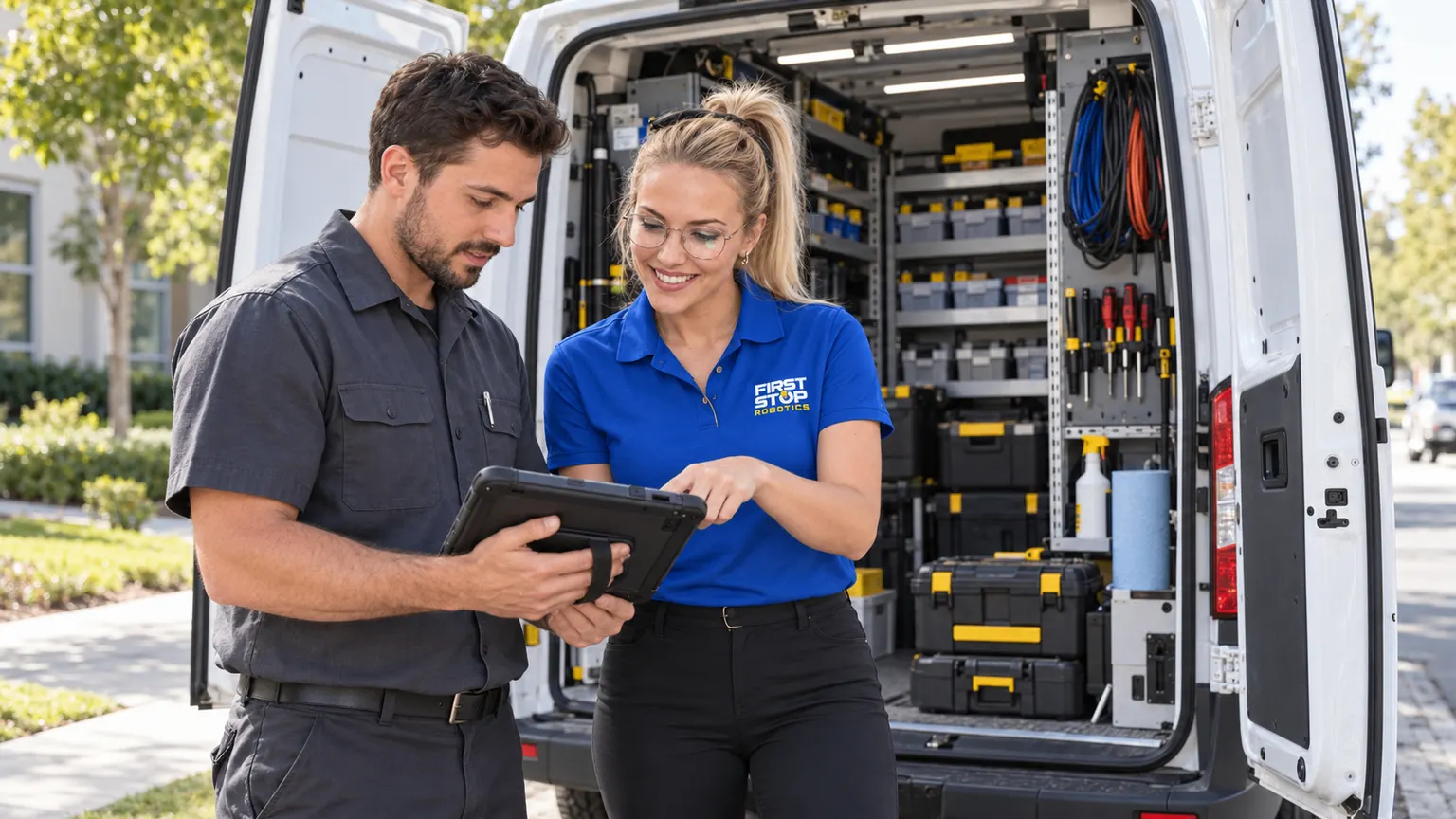 A service van open at the curb, a technician with a tablet and a First Stop consultant beside, tools racked in the van