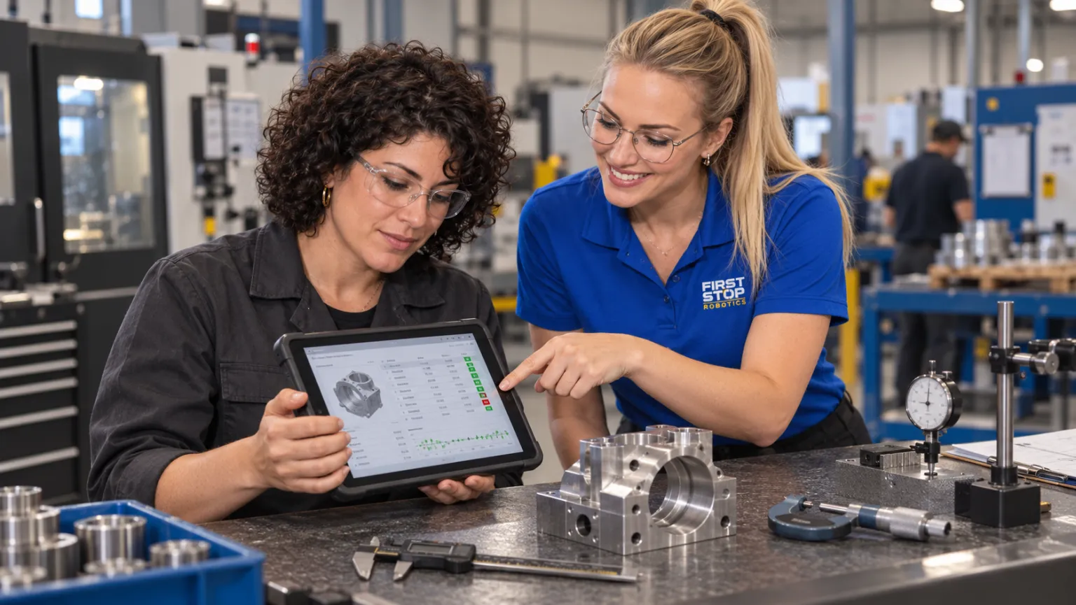 A machinist showing an inspection report on a tablet while a First Stop consultant points at a flagged dimension, a machined housing, calipers and a micrometer on the granite bench