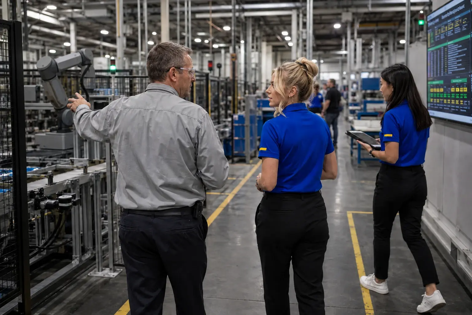 A plant manager walking two First Stop consultants down a production aisle, pointing at a robot cell