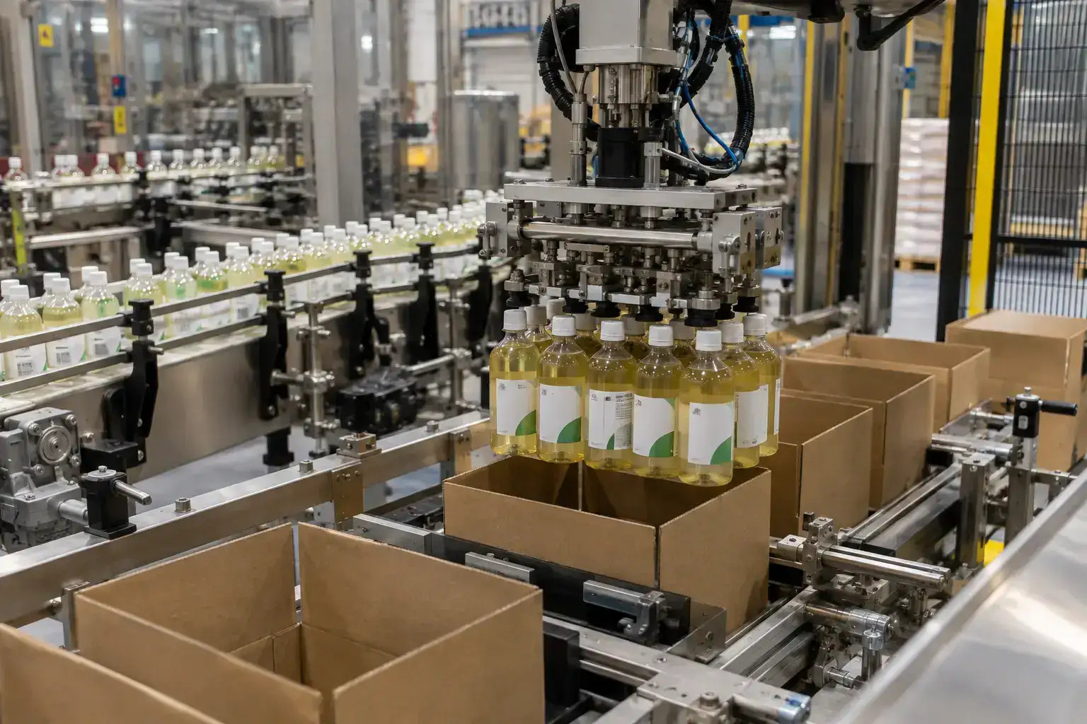 A washdown packaging area, stainless everywhere, a delta robot picking product into trays; hairnets and white coats