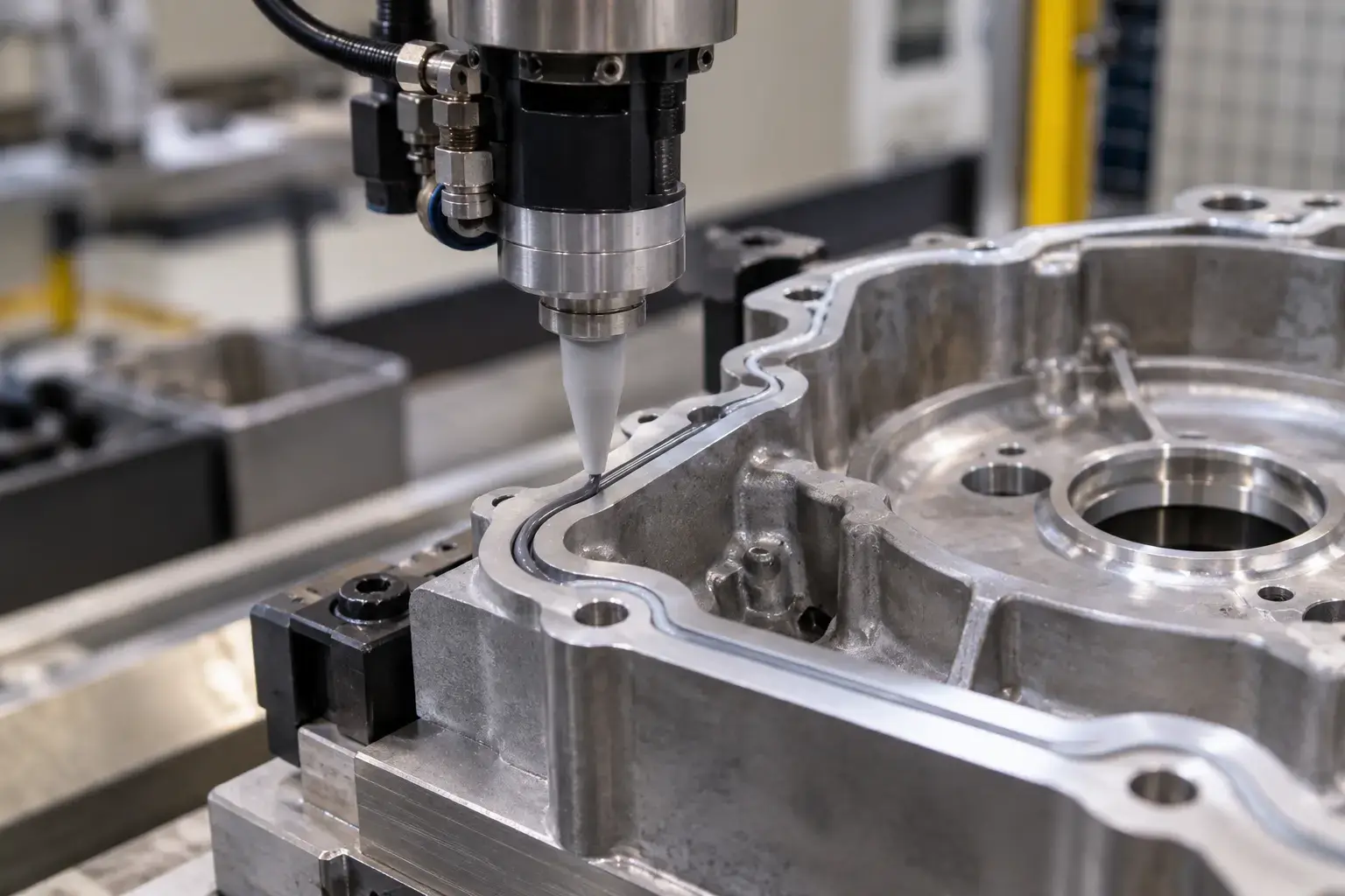 A dispensing nozzle laying a bead around a gasket groove, the part in a fixture, a technician watching the bead