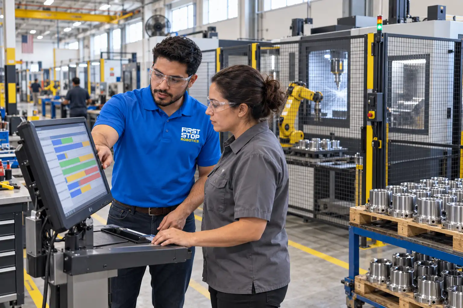 A First Stop consultant pointing at a colour-coded job schedule on a shop-floor terminal while a machinist in safety glasses works the keyboard, a robot-tended CNC cell and pallets of machined housings behind them