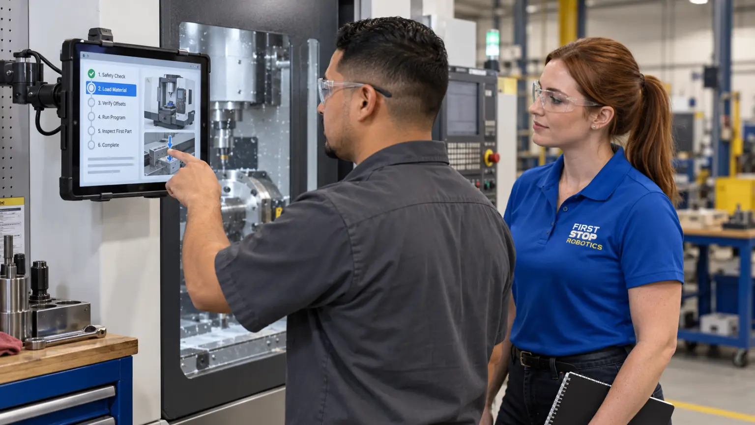 A machinist tapping through a step-by-step setup checklist on a panel-mounted tablet at a machining centre, a First Stop consultant watching with a notebook
