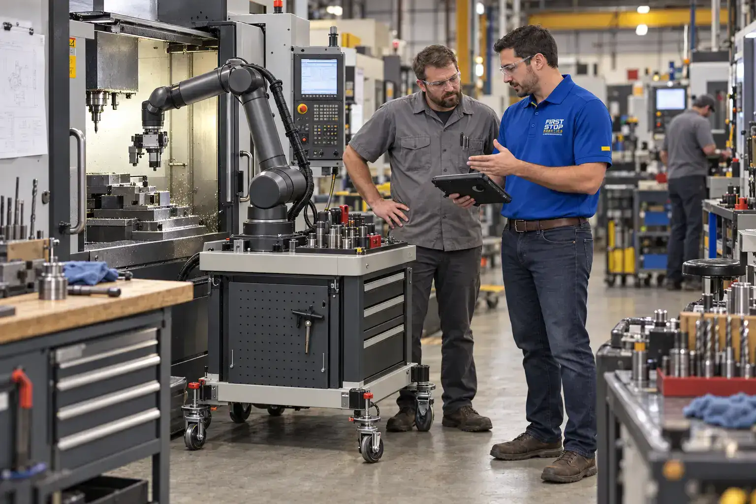 A cobot on a cart loading a CNC lathe through its open door; a machinist at the next machine looking over