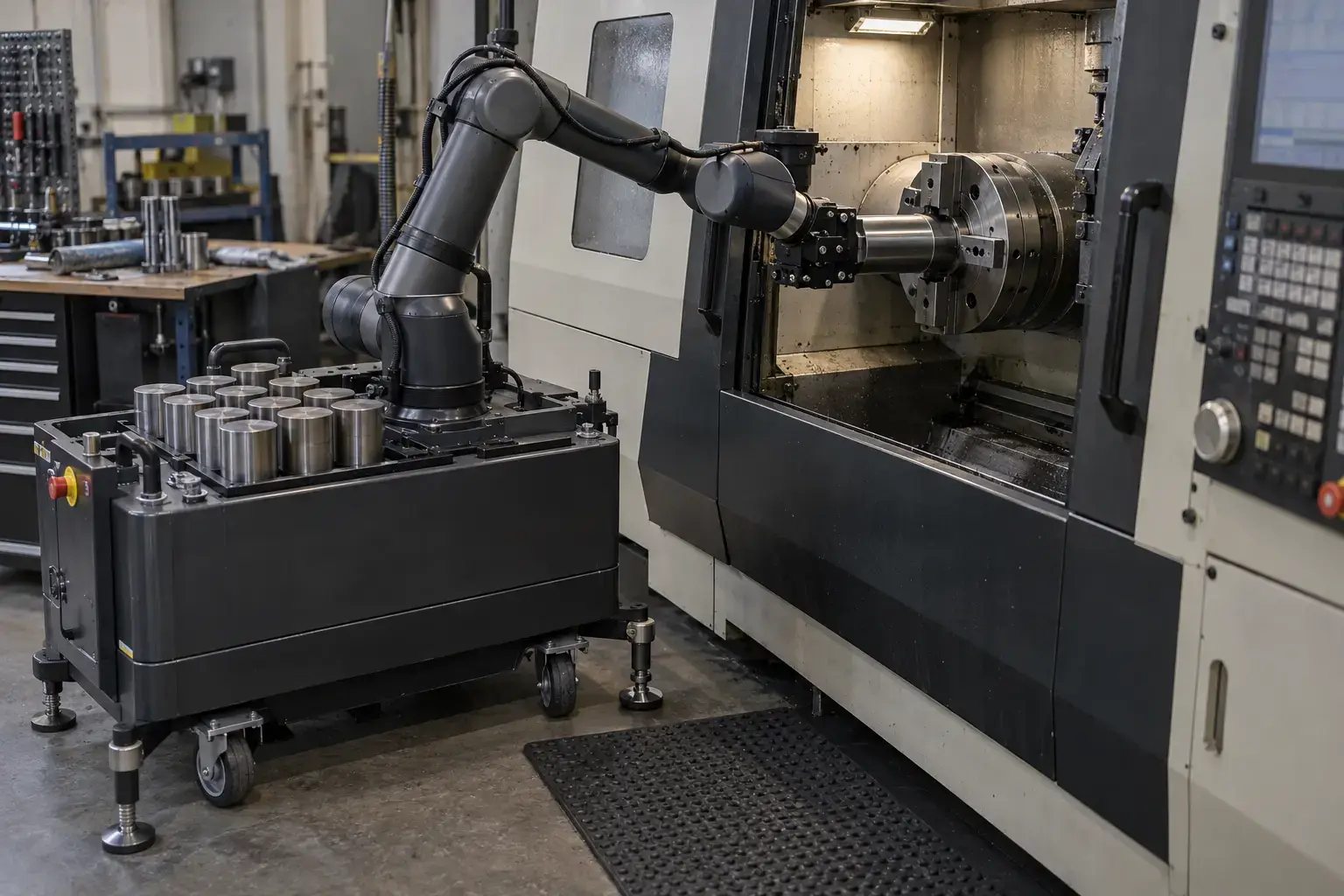 A cobot on a wheeled cart loading a lathe from a tray of blanks in a job shop