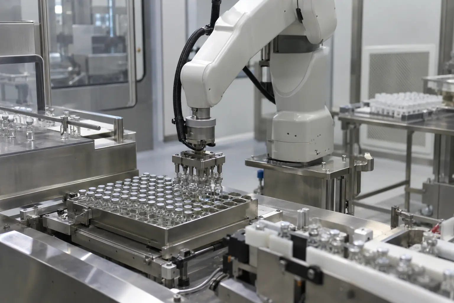 A cleanroom packaging suite, gowned staff, a small robot placing vials into a tray under a camera
