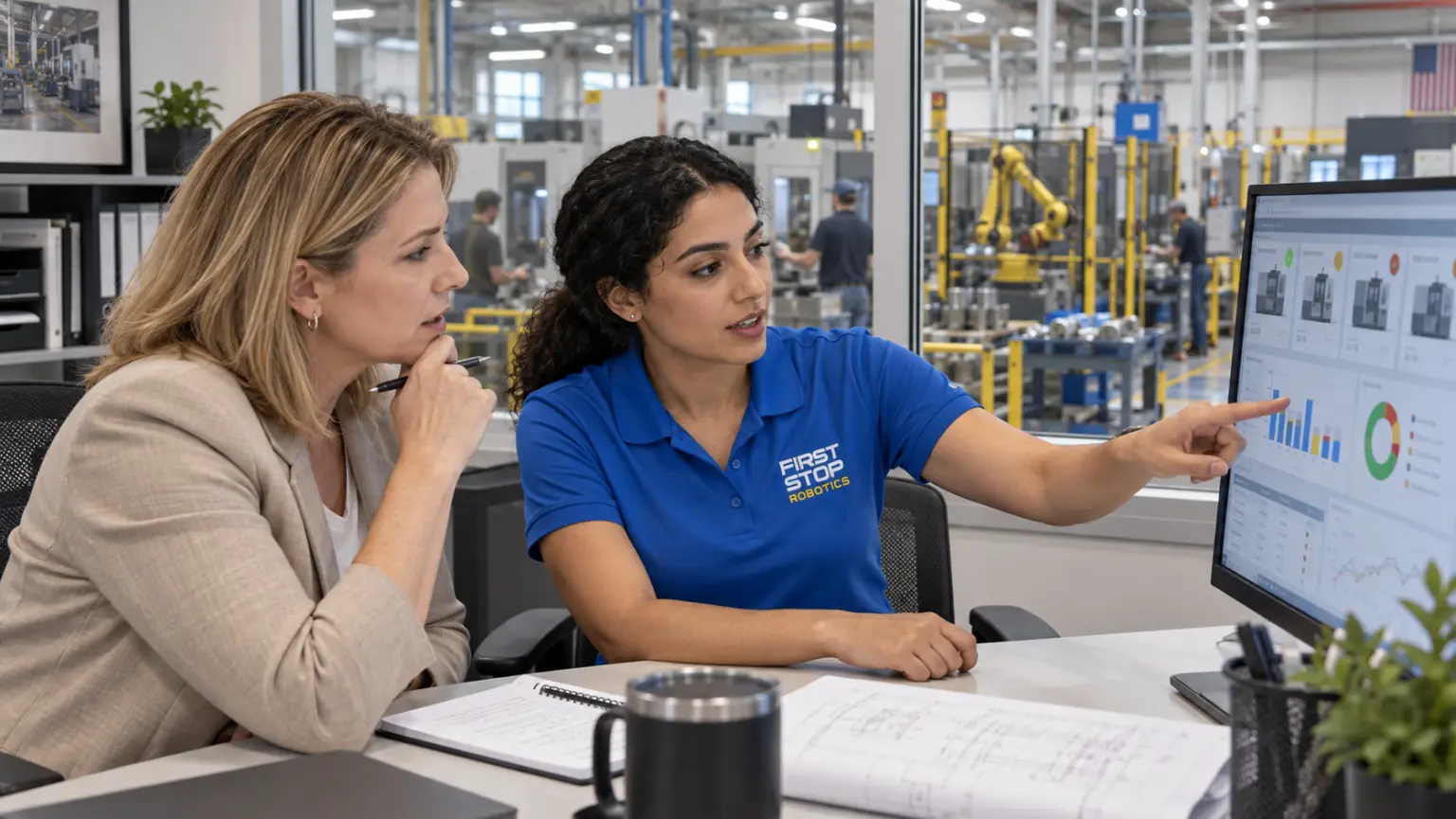 A First Stop consultant pointing at a machine-utilisation dashboard while a plant manager listens, layouts and a notebook on the desk, a robot cell through the office window