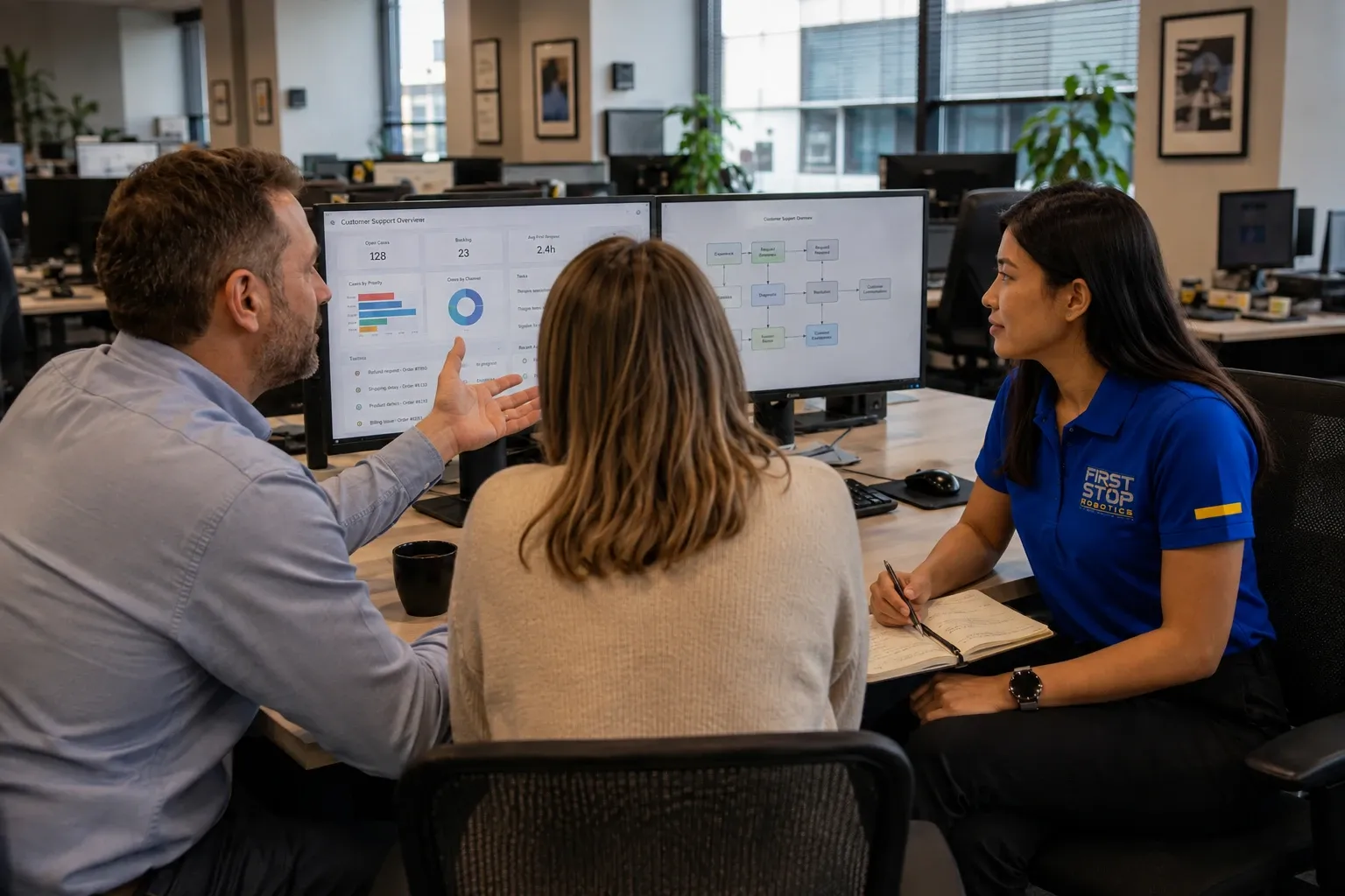 A First Stop consultant taking notes while a client points at a support dashboard on two monitors