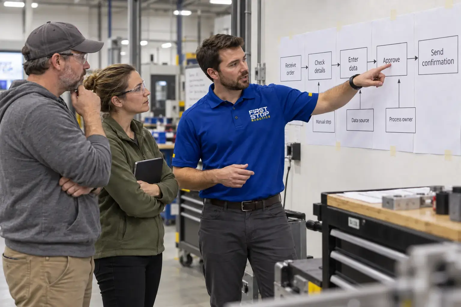 A First Stop consultant walking a plant owner and a manager through a printed order-handling process map taped to the wall