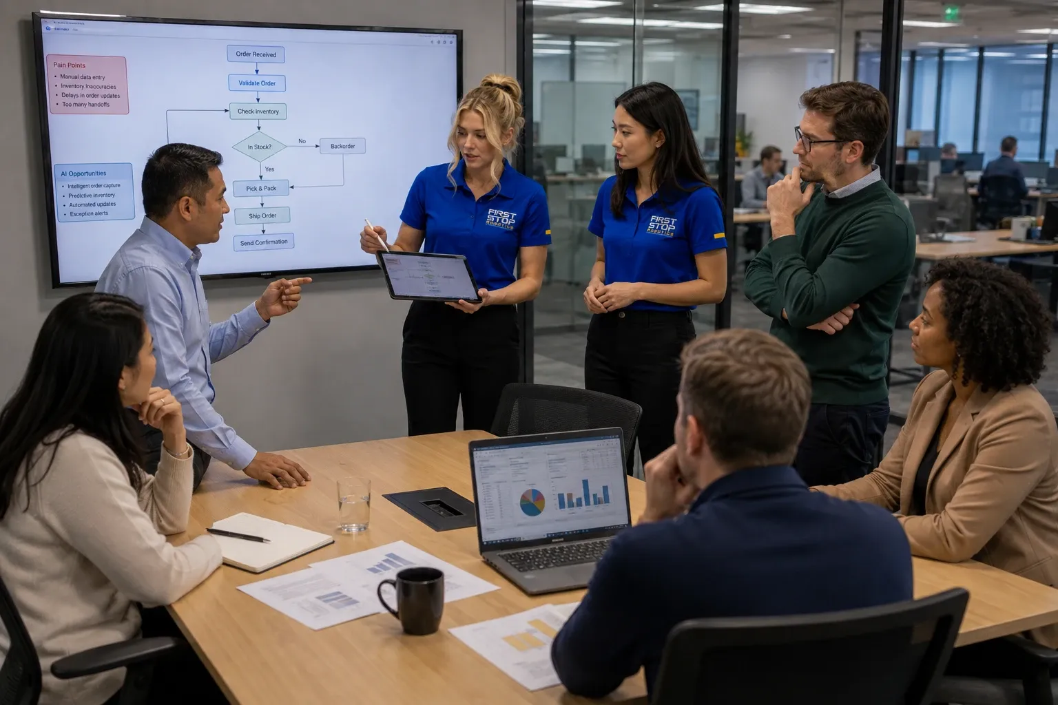 Two First Stop consultants walking an office team through an order-handling flowchart on a wall screen