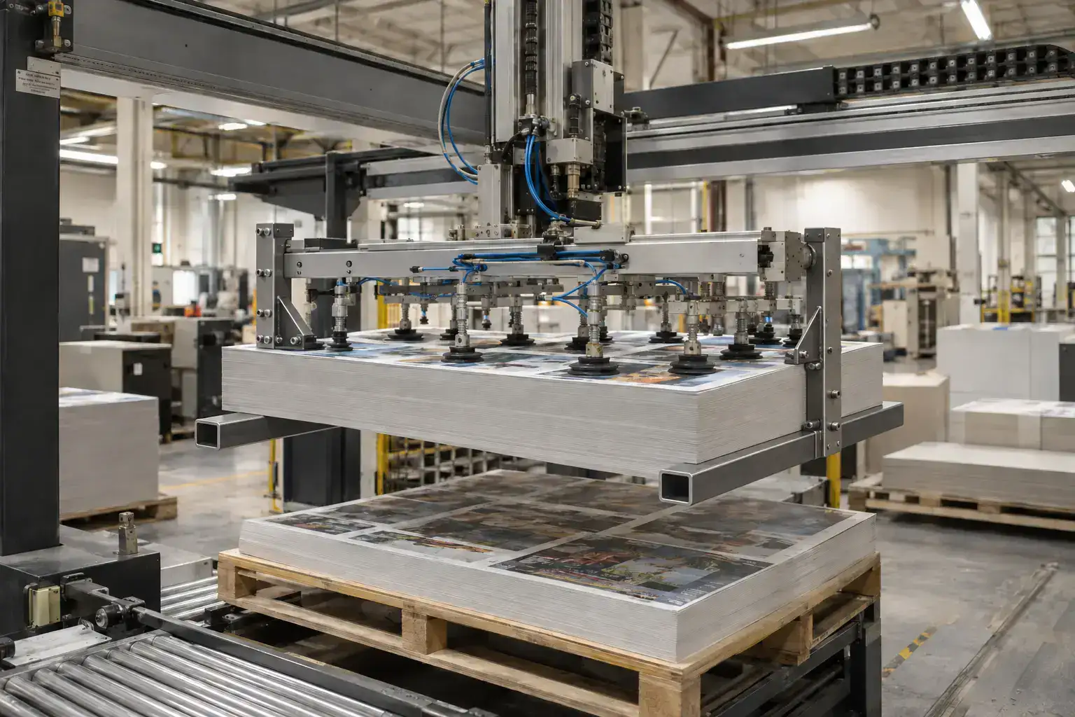 A gantry with vacuum cups lifting a cut stack from a cutter onto a pallet in a printing plant