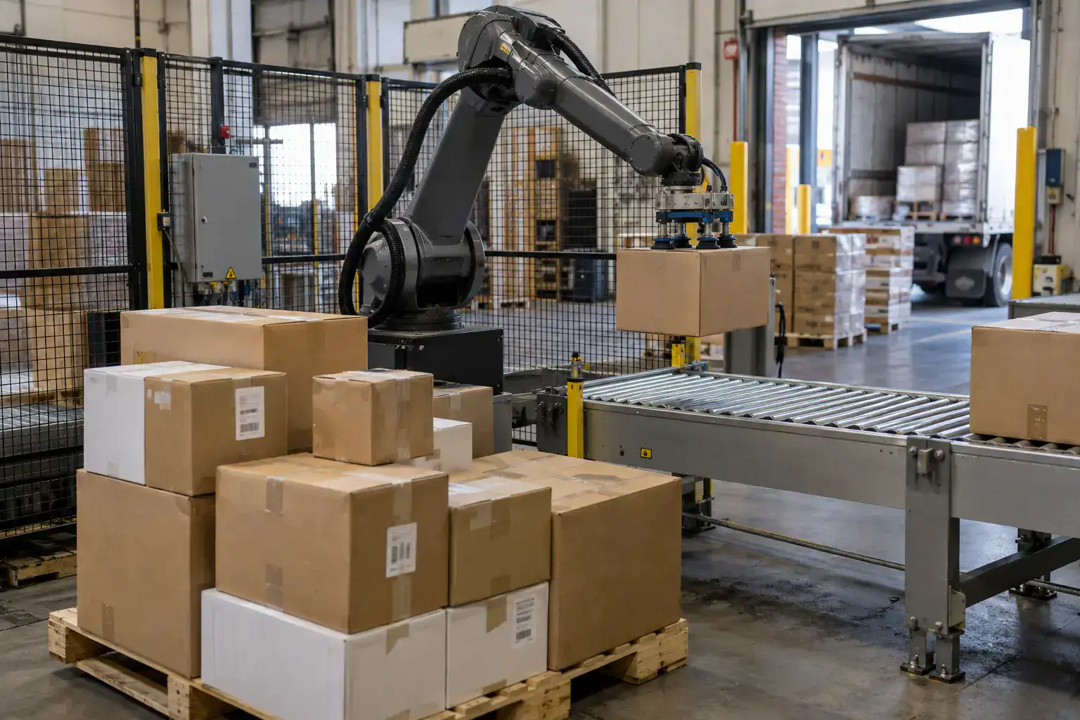 A robot palletizer stacking cases at a shipping dock with a truck backed in