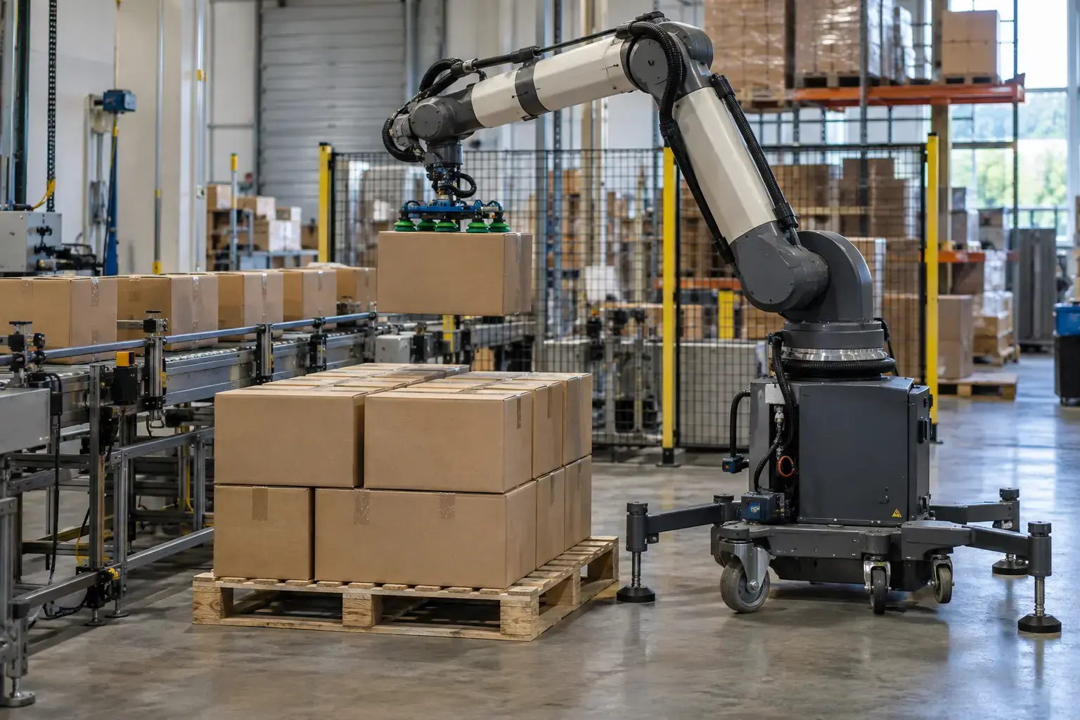 A cobot palletizer on a wheeled base stacking cases onto a pallet at the end of a packaging line; a supervisor watching with arms folded