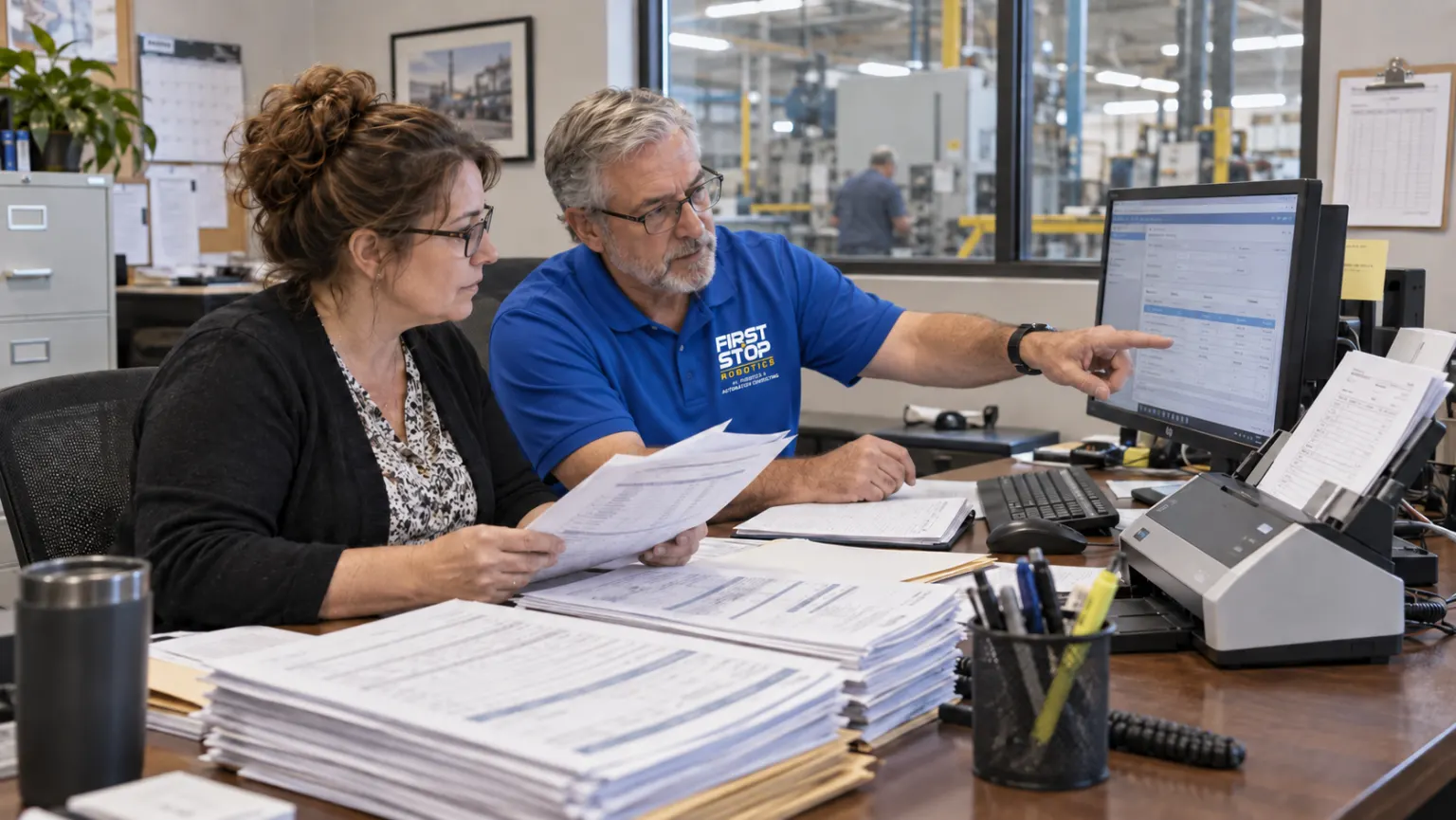A First Stop consultant pointing at an order on screen while the office manager holds a printed order, stacks of paperwork and a scanner on the desk, the plant through the window