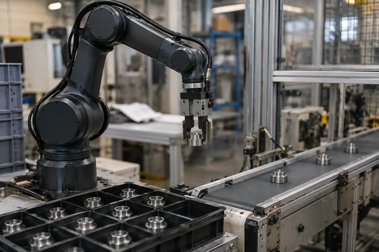 A small arm lifting a molded part from a tray toward a conveyor in a bright cell; a consultant crouched at the tray, looking at how the parts sit