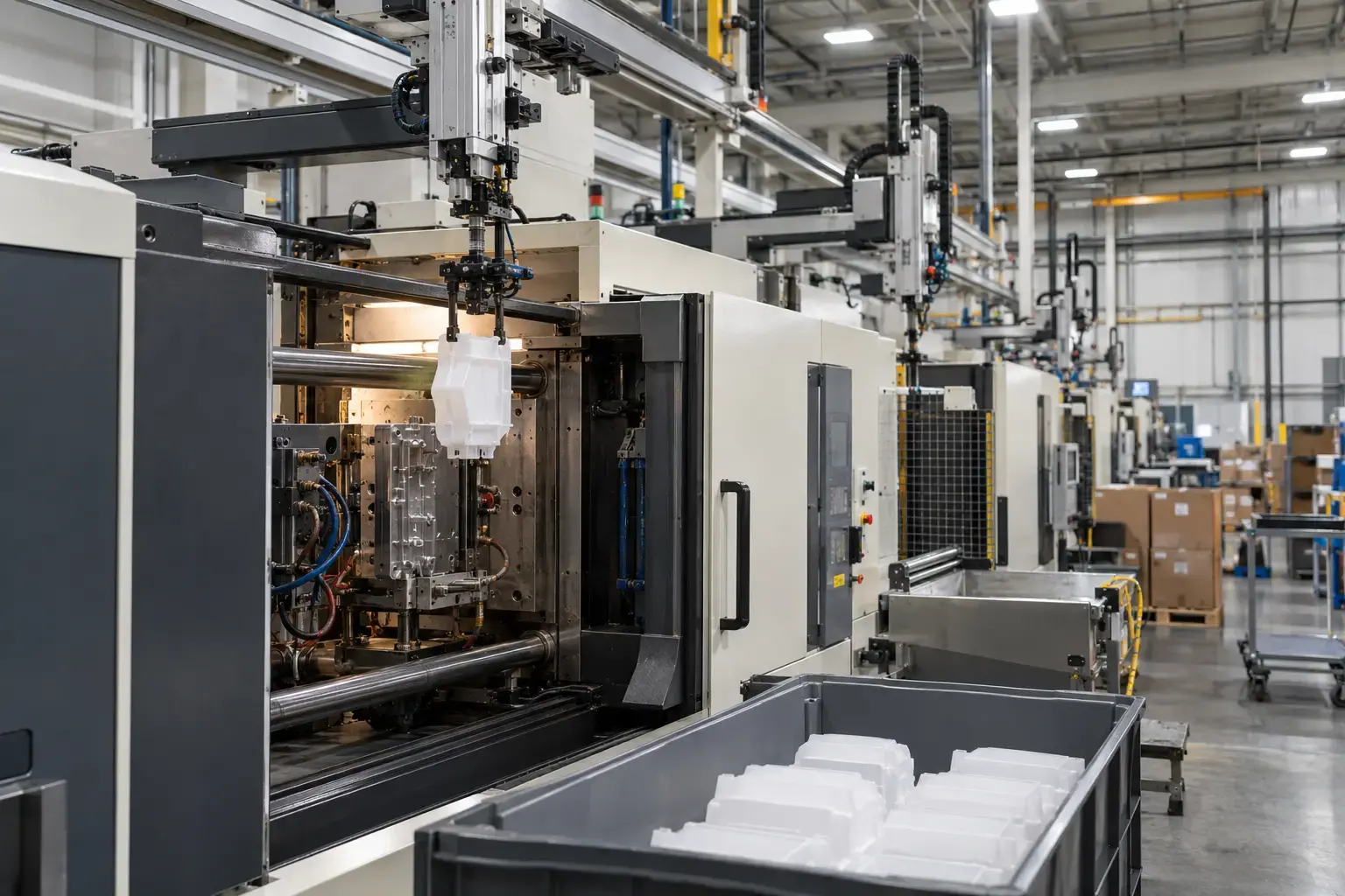 A row of injection molding machines, a top-entry robot lifting a part from an open mold