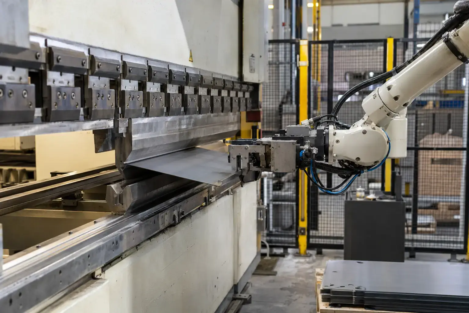 A press brake with a robot holding a sheet through a bend; a fabricator watching from the safe side