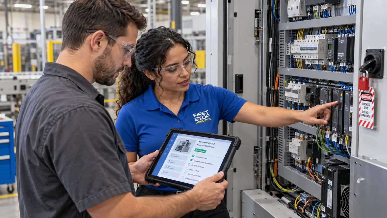 A First Stop consultant pointing at a drive inside an open control cabinet with a lockout tag hung, a maintenance tech holding a tablet with the work order checklist