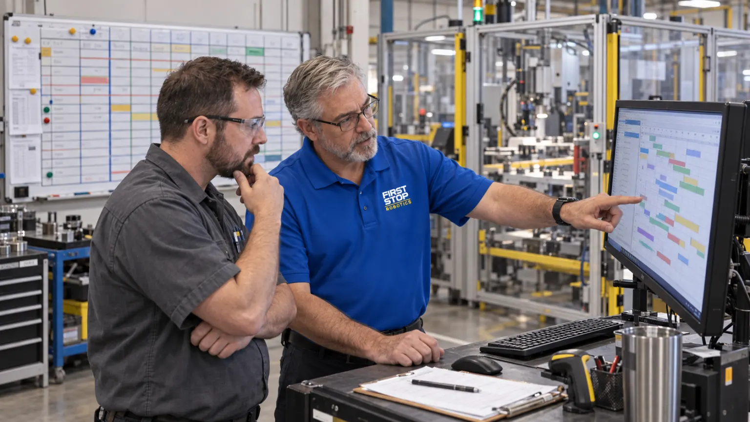 A First Stop consultant pointing at a scheduling board on a screen at the cell while a machinist weighs it up, a planning whiteboard and the cell behind