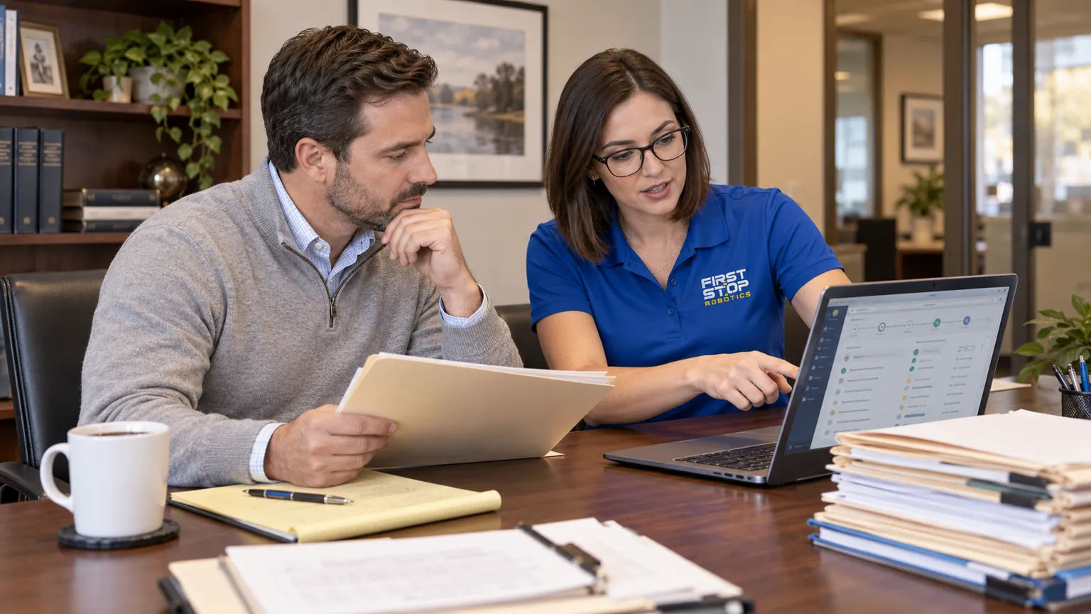 A client holding a printed file while a First Stop consultant points at a project dashboard on a laptop, folders and a notepad on the table in a firm's office
