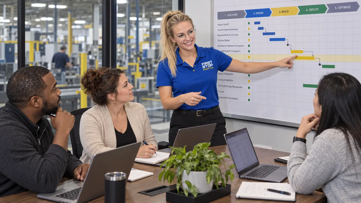 A First Stop consultant at a wall-sized project schedule walking a client team through it, laptops open on the conference table, the plant behind the glass