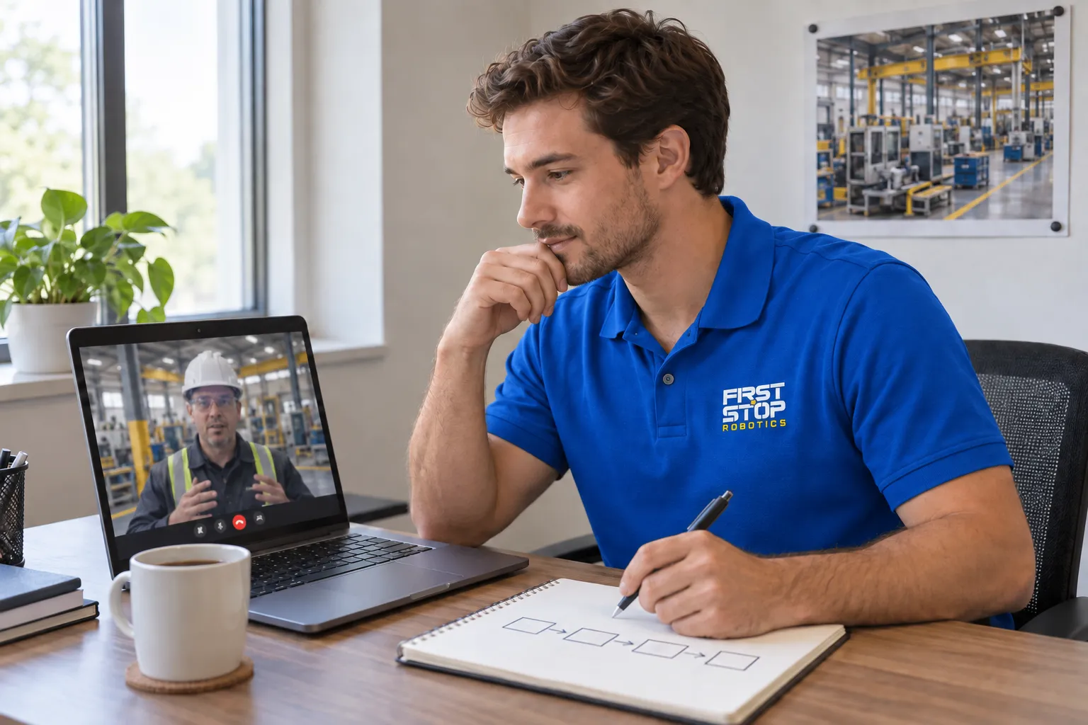 A First Stop consultant at his desk on a video call with a plant engineer in a hard hat and hi-vis, sketching a four-step process flow in a notebook