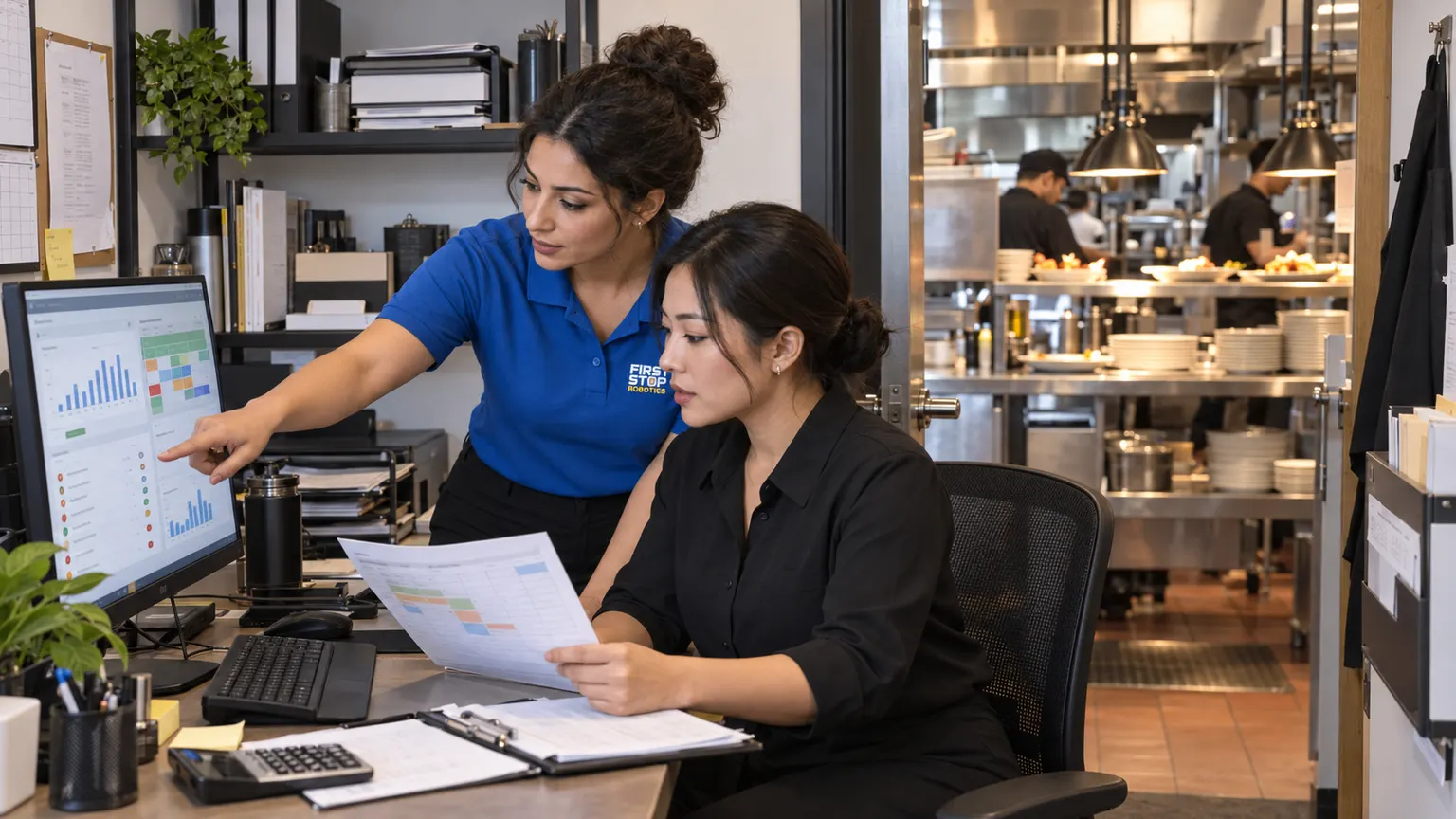 A restaurant manager at a screen with the week's schedule, a First Stop consultant pointing at it, the kitchen pass visible behind