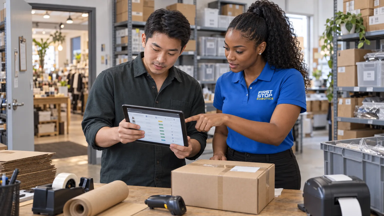 A shop owner holding a tablet with an order pick list at a stockroom pack bench, a First Stop consultant pointing at a line, scanner and label printer on the bench, the shop floor through the doorway