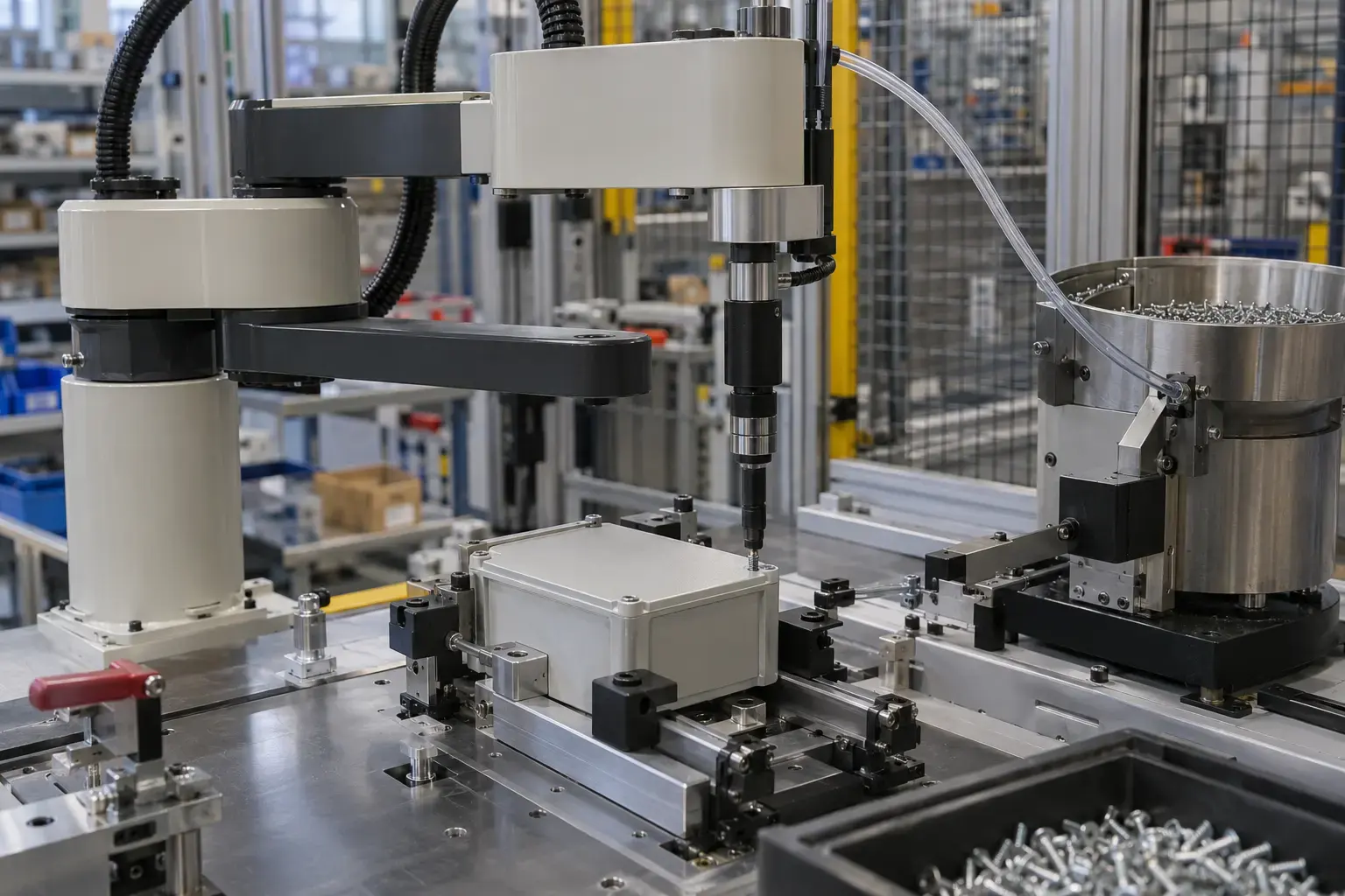 A SCARA driving screws into an enclosure, the screw feeder beside it, a torque readout on a small screen