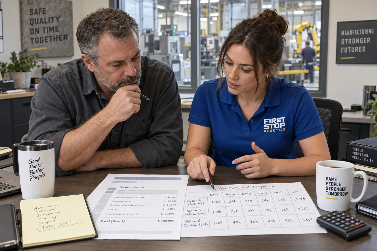 A plant owner studying a printed software quote while a First Stop consultant points at a hand-ruled five-year total cost comparison, legal pad and calculator on the desk, the machining floor through the glass