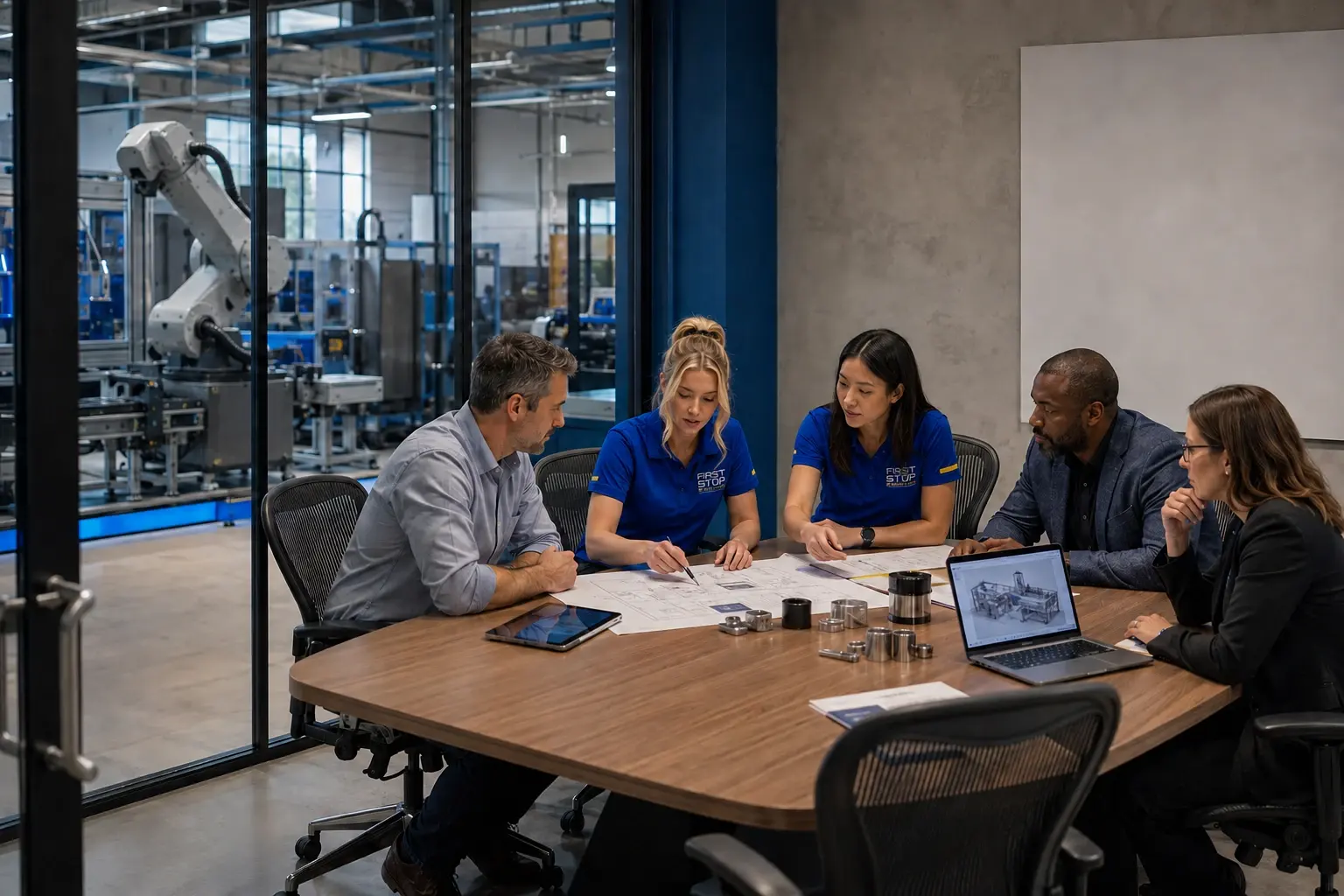 Two First Stop consultants at a conference table with a client's team, working over drawings and sample parts, a model open on the laptop